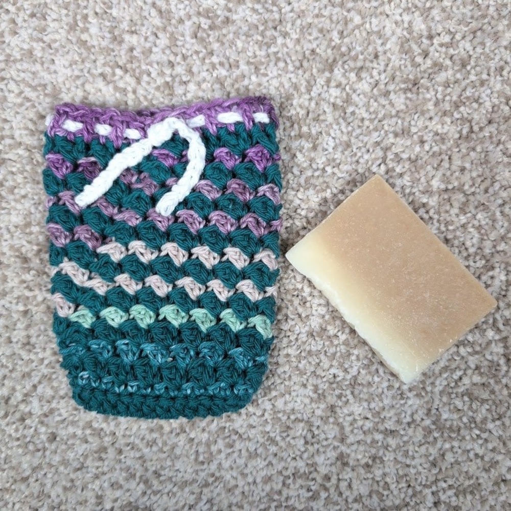 Handmade Crochet Soap Saver Bag Drawstring Teal Purple Boho Exfoliating